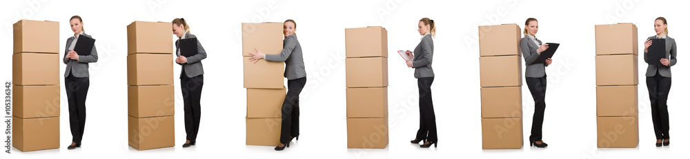 Composite image of woman with boxes on white Composite image of woman with boxes on white