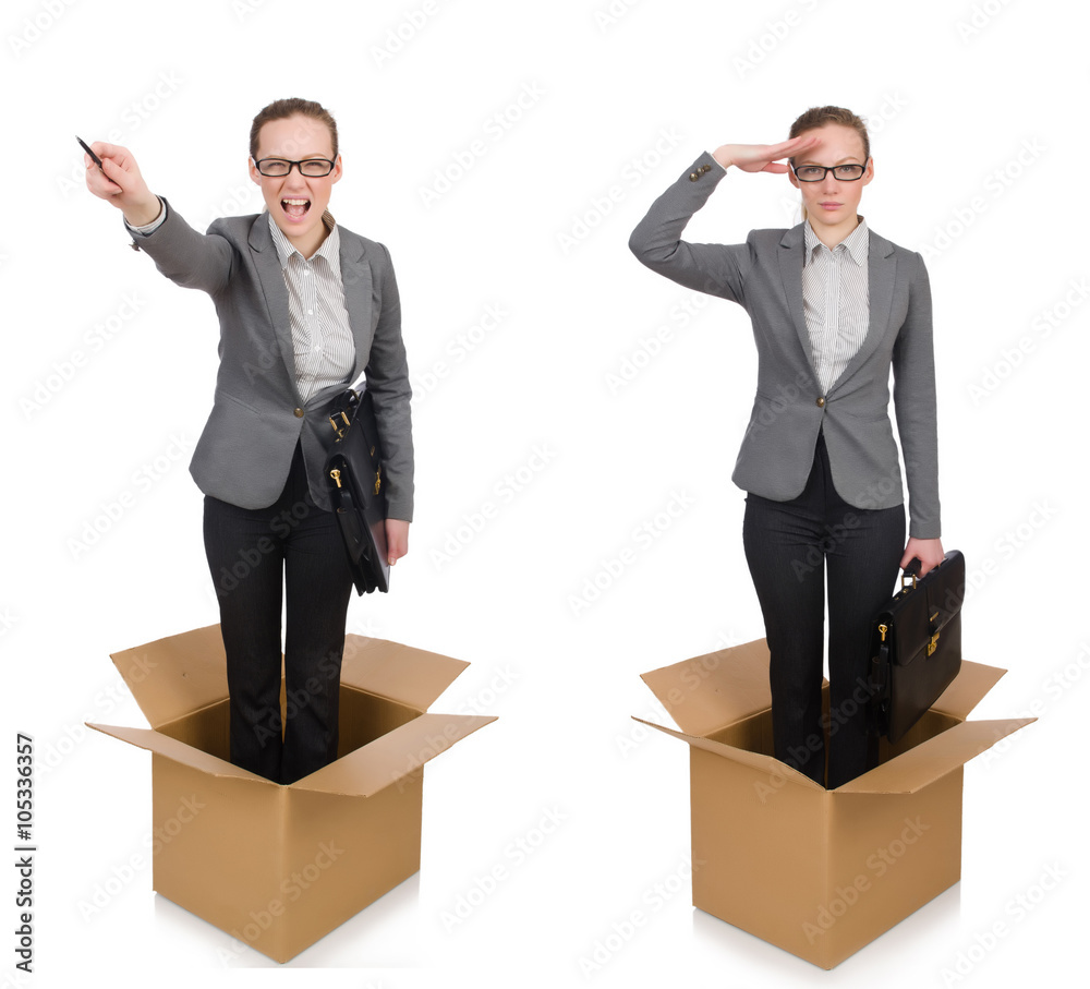 Composite image of woman with boxes on white