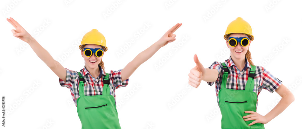 Woman in green coveralls isolated on white