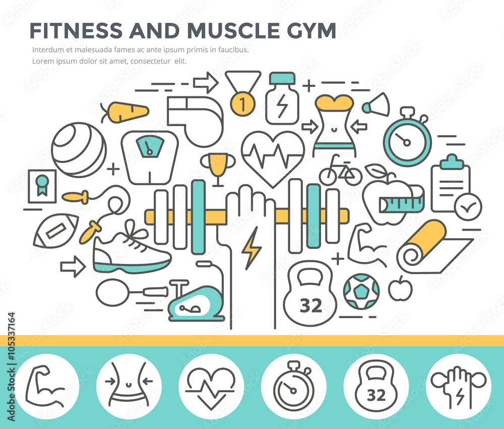 Fitness and muscle gym concept illustration, thin line flat design Fitness and muscle gym concept illustration, thin line flat design
