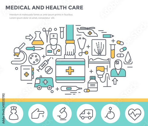 Medical and health care concept illustration, thin line flat design