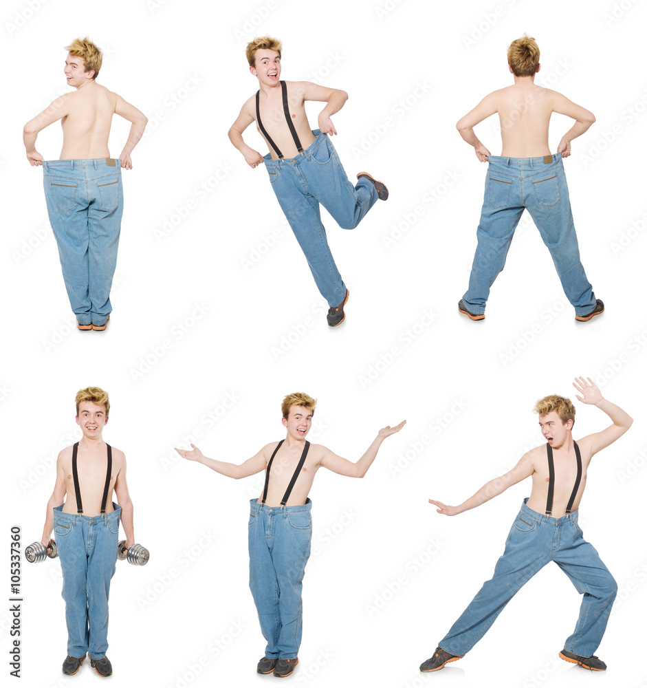 Fototapeta premium Funny man with trousers isolated on white