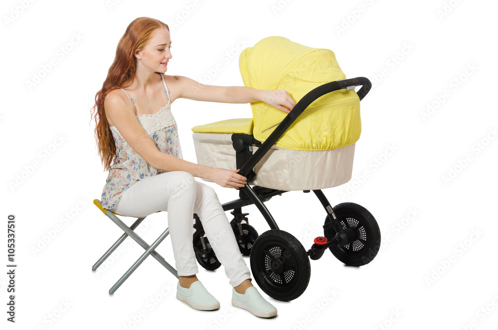 Woman with baby and pram isolated on white Woman with baby and pram isolated on white
