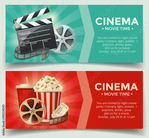 Cinema concept poster template with popcorn bowl, film strip and tickets, realistic detailed vector illustration