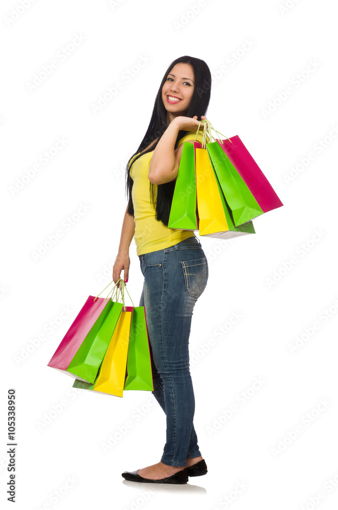 Woman with shopping bags isolated on white Woman with shopping bags isolated on white