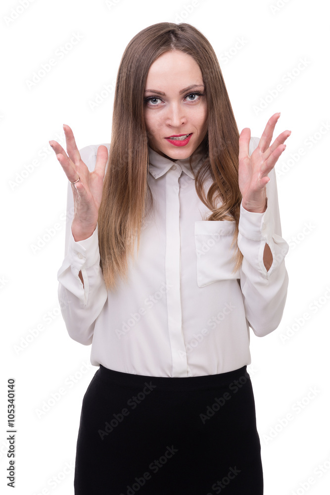 Closeup portrait of sad and angry woman isolated on white Closeup portrait of sad and angry woman isolated on white