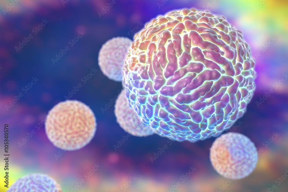 Obraz premium Zika viruses on colorful space background, viruses which cause Zika fever found in Brazil. Zika fever in pregnant women leads to microcephaly in fetus. Elements of this image furnished by NASA