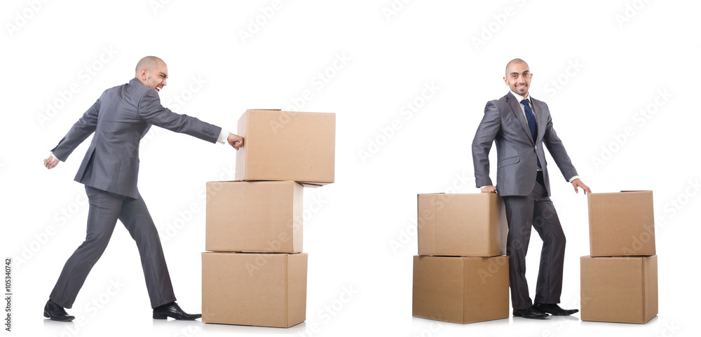 Collage of photos with man and boxes Collage of photos with man and boxes