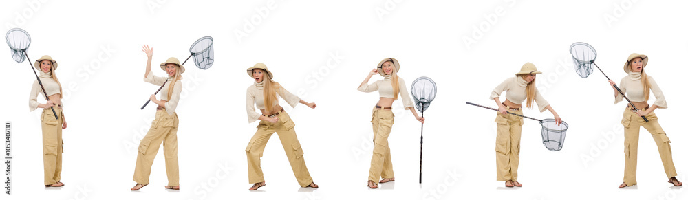 Woman with catching net on white Woman with catching net on white