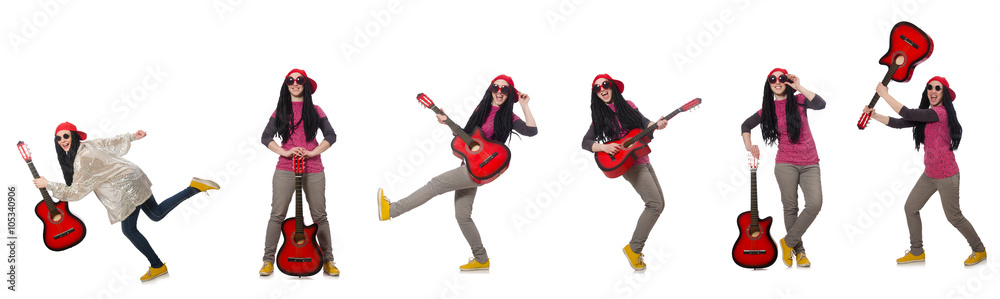 Hipste guitar player isolated on white