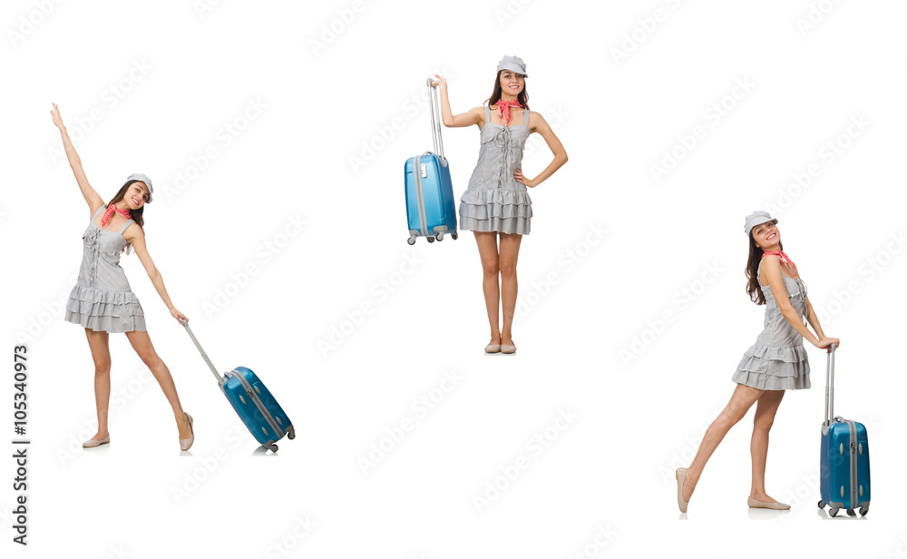 Naklejka premium Travelling woman with suitcase isolated on white