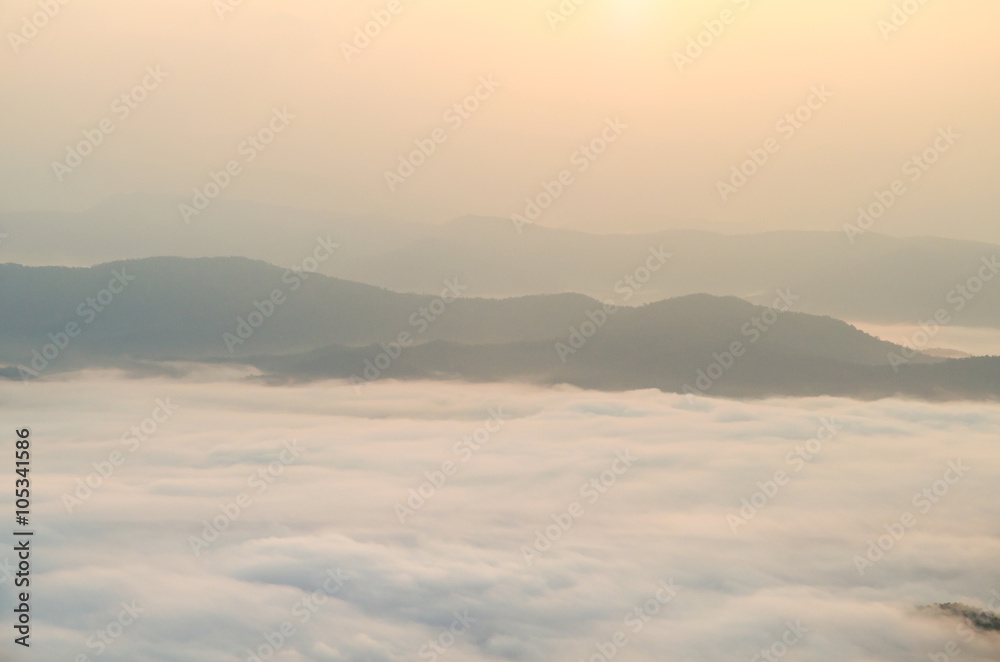 Sunrise sky and misty layer mountain in the morning at sri nan national park thailand