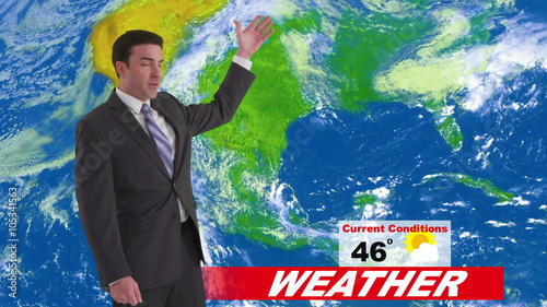 Weatherman in news studio giving weather forecast