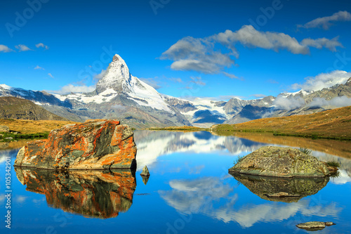 Summer landscape with Matterhorn peak and Stellisee lake,Valais,Switzerland