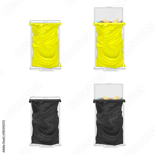 Vector illustration icon of plastic Garbage Bin Bags.
Generic trash bags fixed to metal bin icon set.