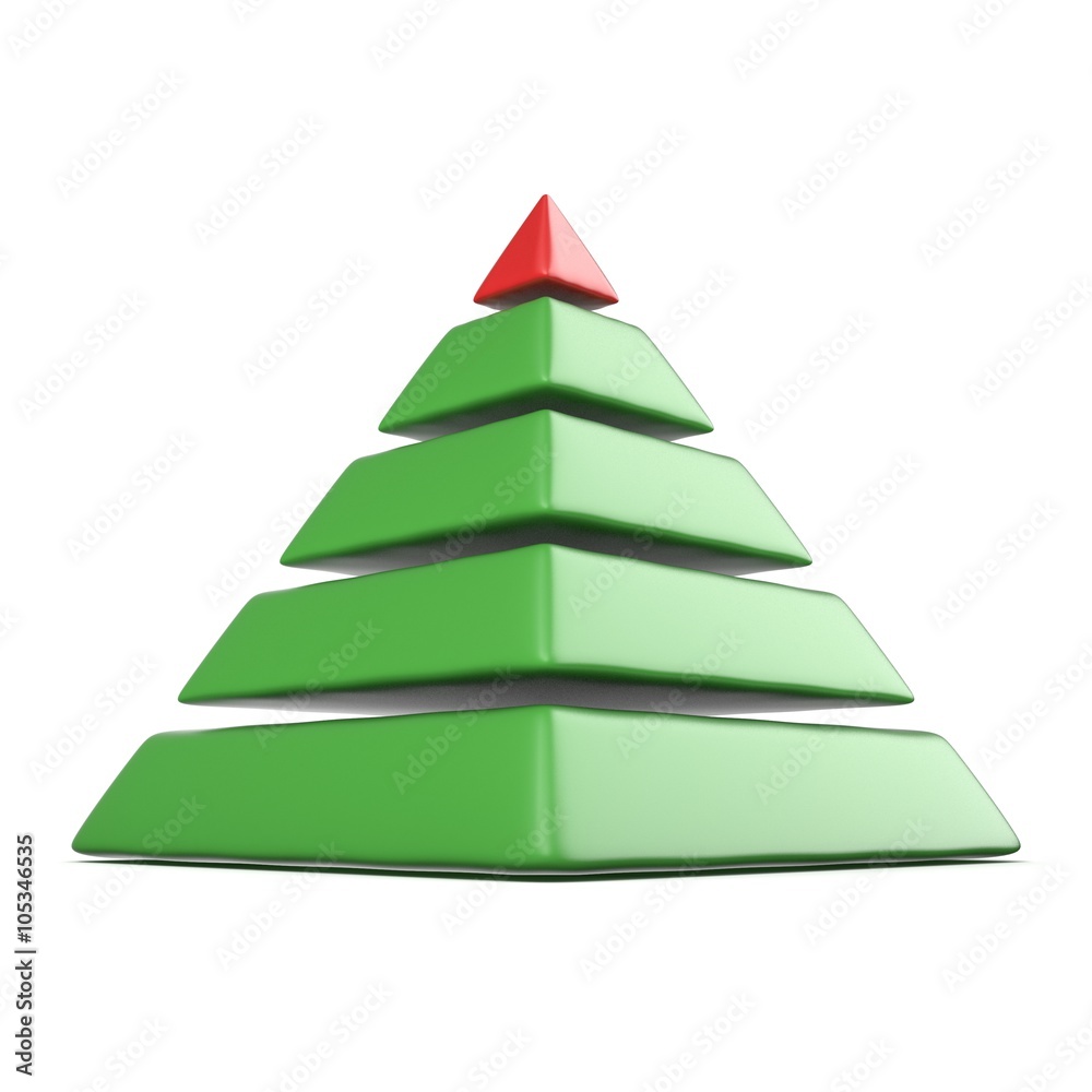 Pyramid with five levels.Top red pyramid. 3D render illustration isolated on white background Pyramid with five levels.Top red pyramid. 3D render illustration isolated on white background
