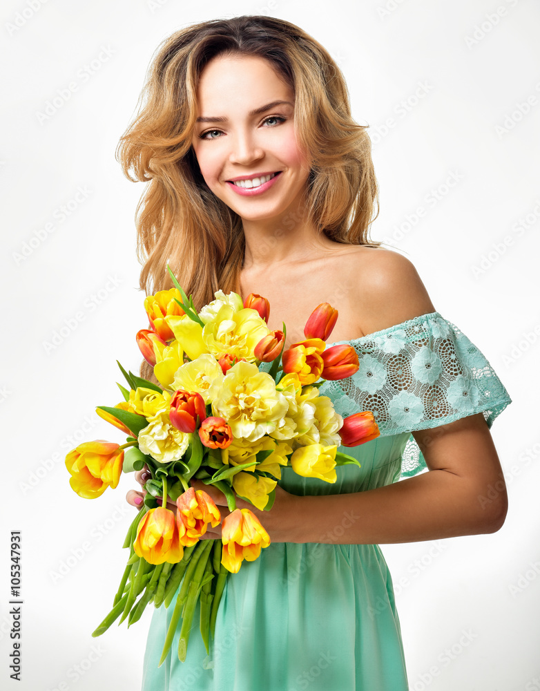 Woman with Spring Flower bouquet. Happy surprised model woman. M Woman with Spring Flower bouquet. Happy surprised model woman. M