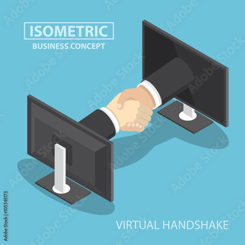 Isometric businessman hands reaching out from monitor screen to