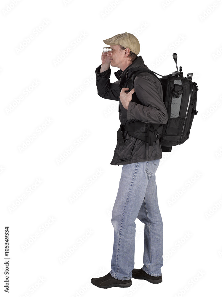 Four positions of a Photographer with backpack and tripod Four positions of a Photographer with backpack and tripod