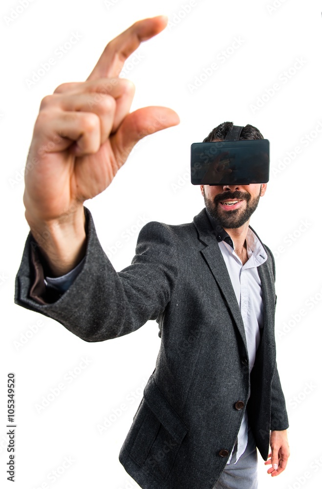 Man using VR glasses holding something Man using VR glasses holding something