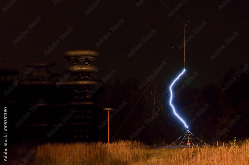 Artificial lightning in science research of high voltage discharge in total  darkness. Istra, Moscow region, Russia. Stock Photo | Adobe Stock