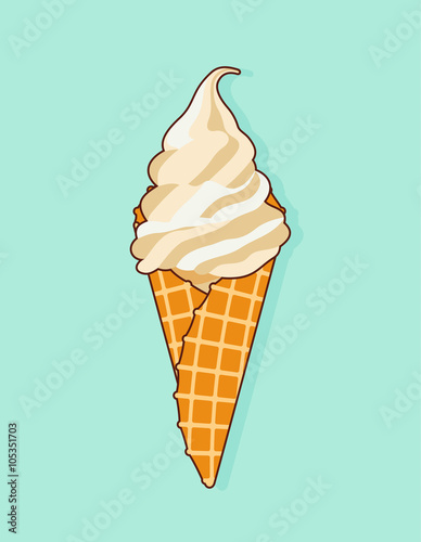 Colorful tasty isolated ice cream at a turquoise background. Crunchy wafer cone filled with white and beige cream. Vector Illustration.