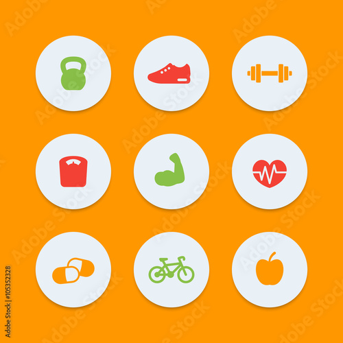 Fitness icons, simple fitness pictograms, round color icons, vector illustration