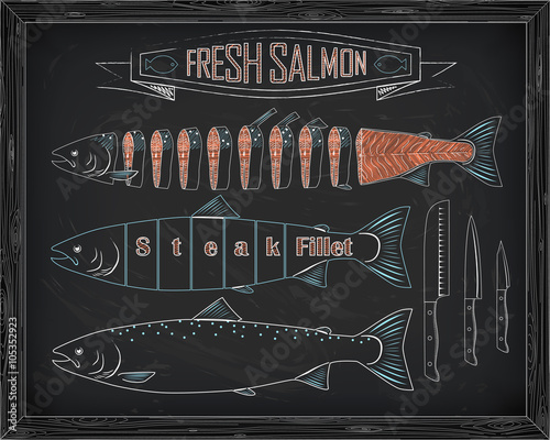 three fresh salmon from the scheme and knives