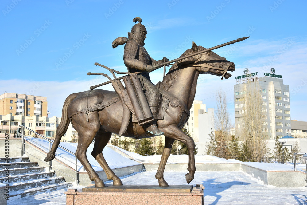 Statue featuring a historic Kazakh warrior in front of the Historical Museum in Astana, Kazakhstan