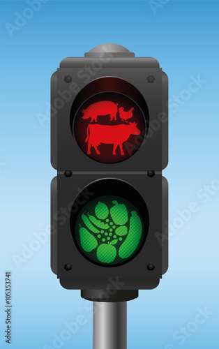 STOP eating meat. GO for fruits and vegetables. Vector illustration on blue gradient background.