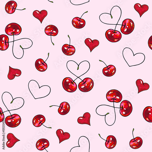 Cherry sweet on a pink background. Seamless pattern for design. Animation illustrations. Handwork