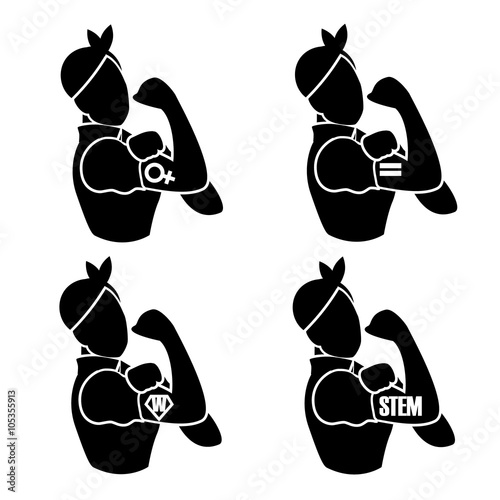 :
Icon set of cartoon woman with can do attitude rolling up her sleeve to reveal tattoo of equality, STEM, femininity, super hero. Female power. EPS 10 vector.