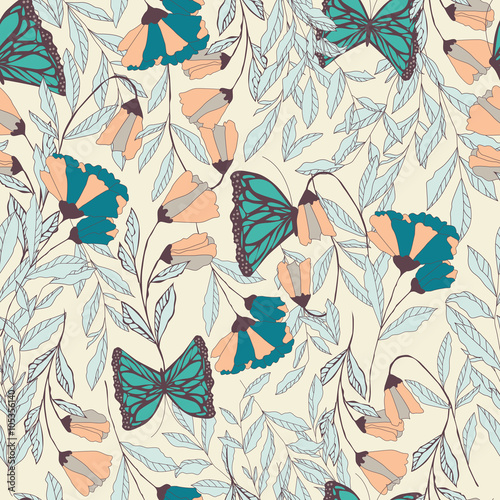 Vector traditional seamless pattern with Monarch butterflies