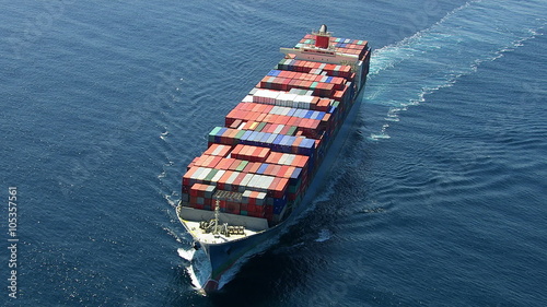 Aerial shot of container ship in ocean