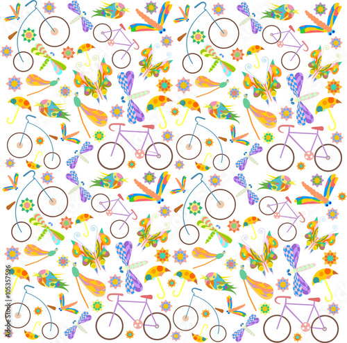 summer pattern with bicycles, insects and parasols on a white background