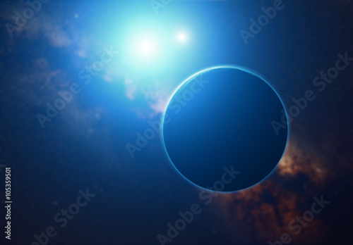Fototapeta Naklejka Na Ścianę i Meble -  Planet and sunrise on a de-focused starry background.