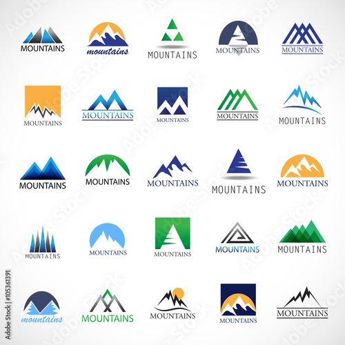 Mountain Icons Set-Isolated On White Background-Vector Illustration,Graphic Design.For Web, Websites, App, Print, Presentation Templates, Mobile Applications And Promotional Materials. Different Shape