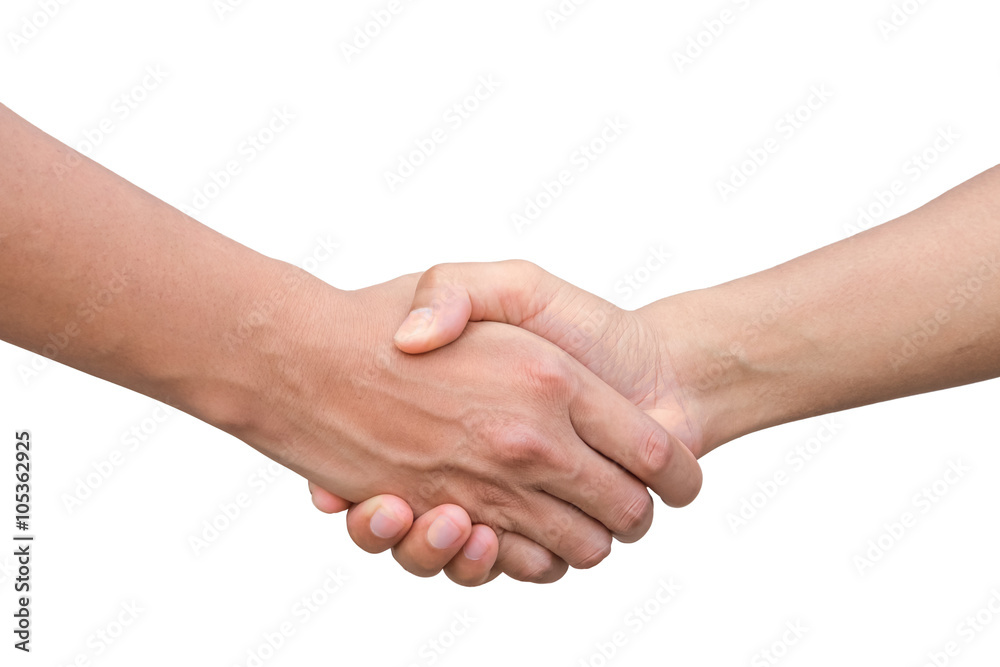 Closeup of two businessmen, lawyers or politicians shaking hands to celebrate a successful agreement with one of them holding the other hand in his pocket. Isolated over white background.