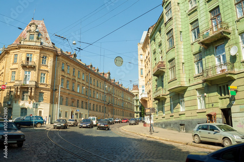 Lviv street in the morning. Ukraine. European travel photo.