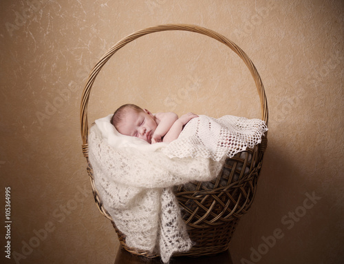 Newborn baby sleeping in basket