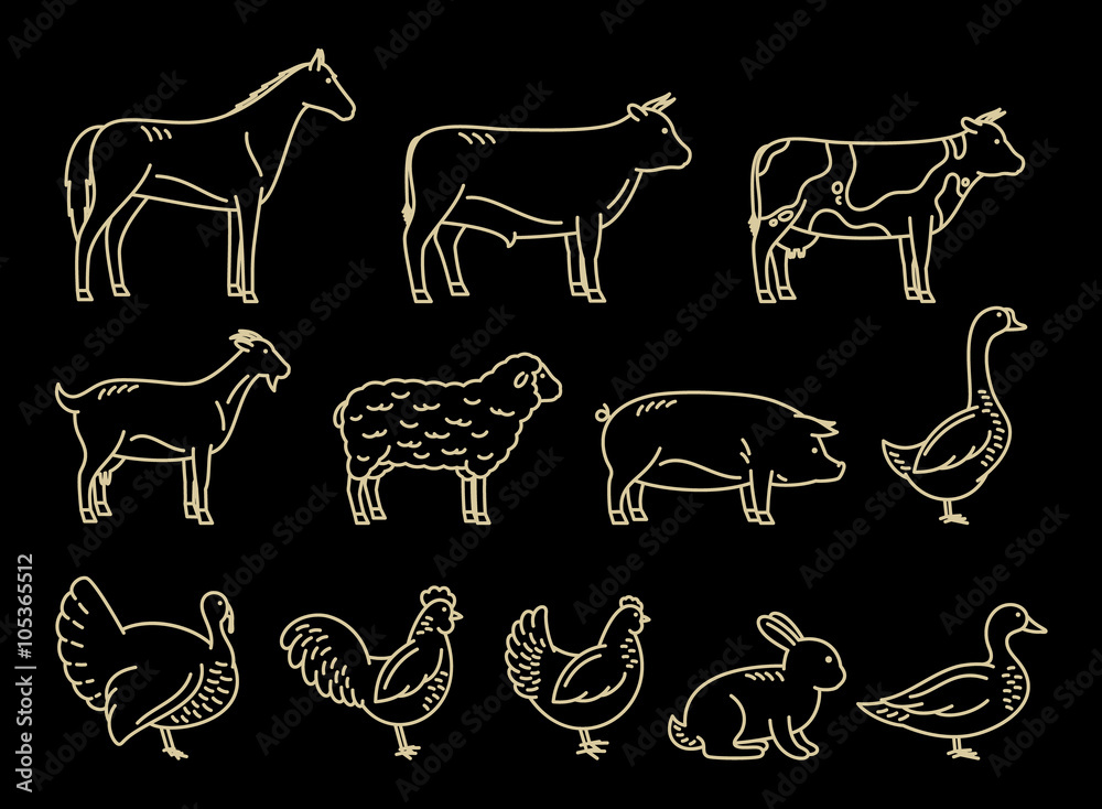 Vector Thin Line Farm Animals Icons Collection Vector Thin Line Farm Animals Icons Collection