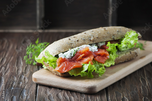 Healthy sandwich with cheese and salmon