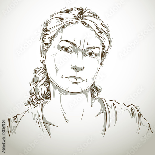 Hand-drawn portrait of white-skin doubtful woman, face emotions