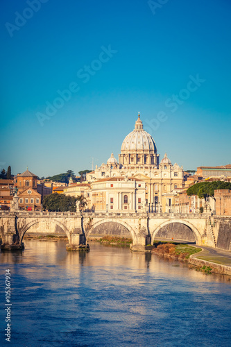 View at Tiber and St. Peter's cathedral in Rome