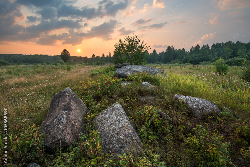 Sunset on the meadow with stones