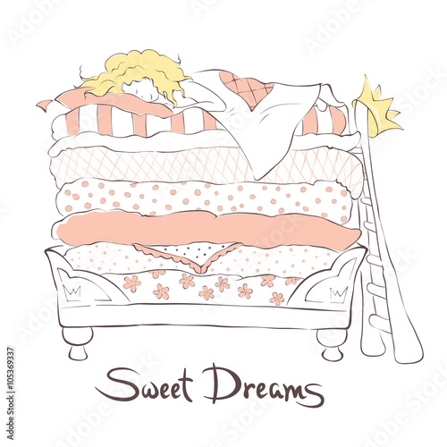 Girl sleeping sweetly on the bed Princess and the Pea, vector illustration