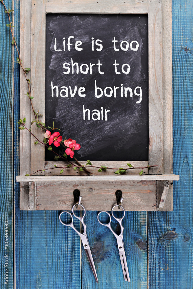 Life is too short to have boring hair. Hair Cutting and Thinning Scissors  on vintage background. Hairdresser salon concept. Haircut accessories Stock  Photo | Adobe Stock