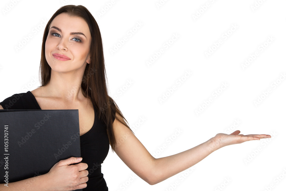 Attractive Smiling Businesswoman Showing Something Attractive Smiling Businesswoman Showing Something