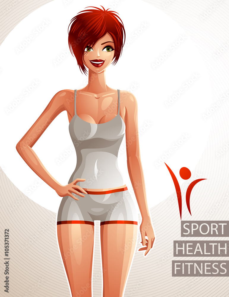 Beautiful lady illustration, full body portrait of slim red-haired female. Sport and fitness theme.