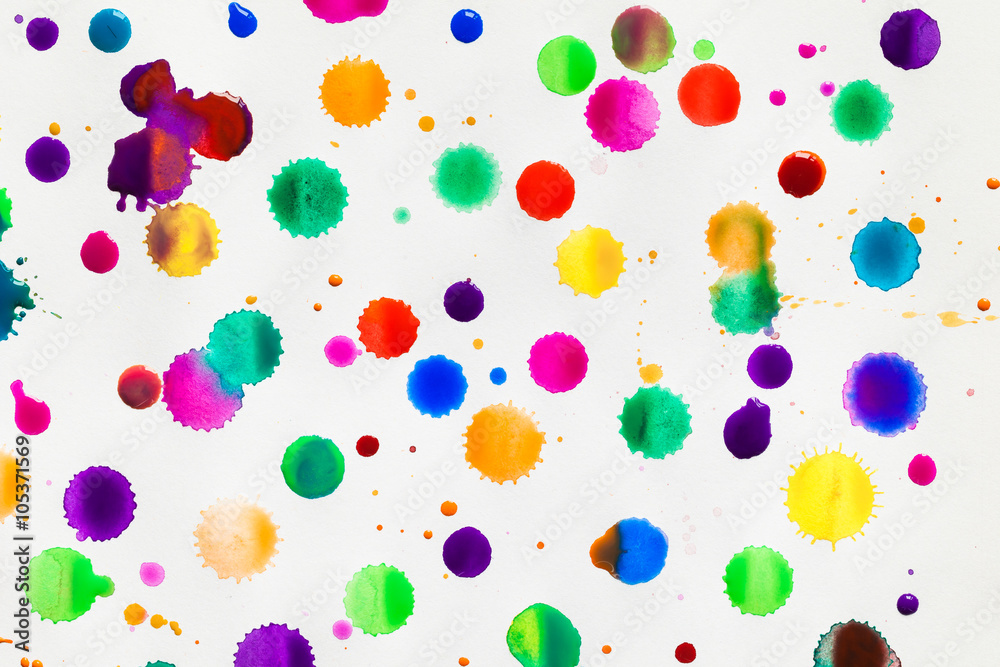 Fototapeta premium Watercolor splashes, drops, circle stains on white paper.